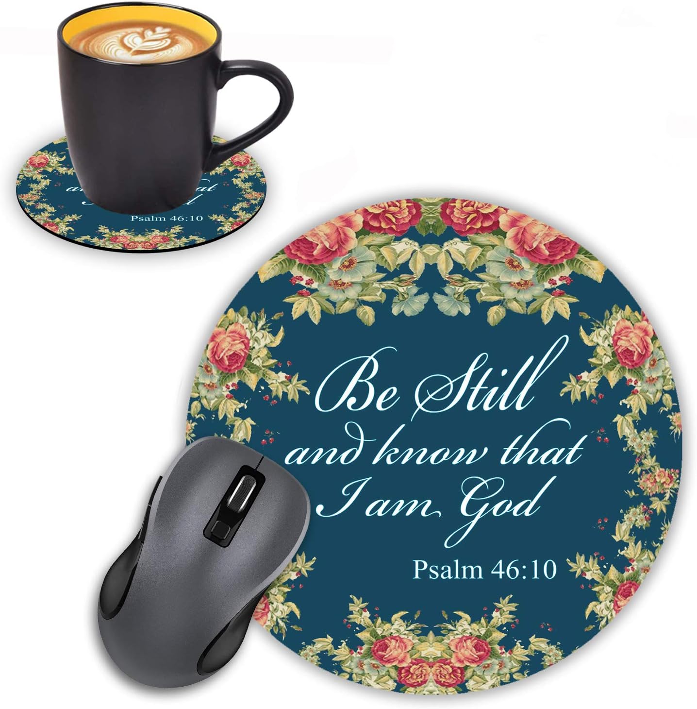 Log Zog Round Mouse Pad with Coasters Set, Floral Quote Bible Verses Psalm 46:10 - Be Still and Know That I am God Design Mousepad Non-Slip Rubber Gaming Mouse Pad for Computers Laptop