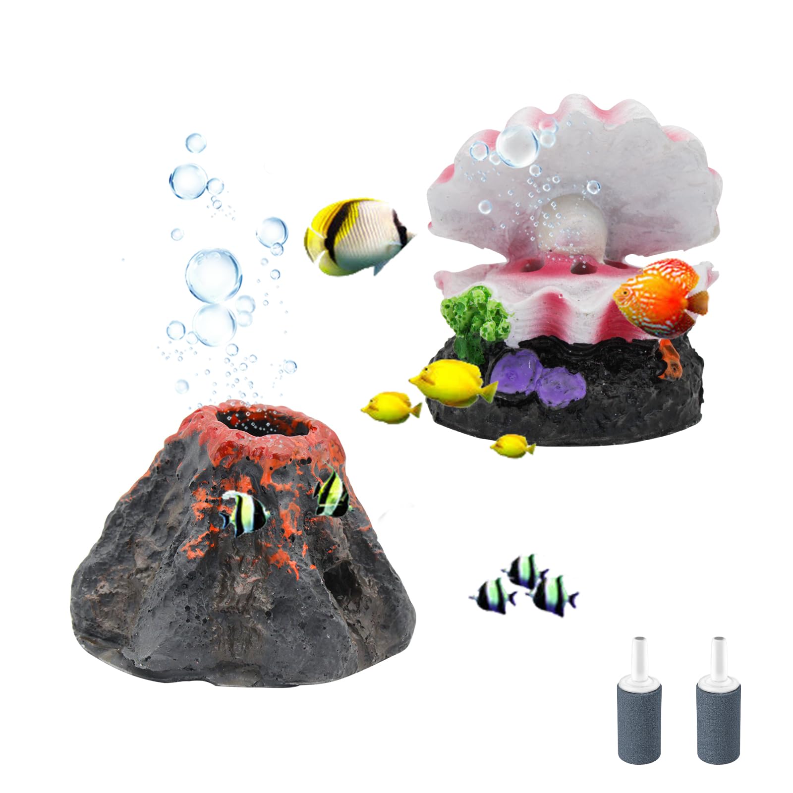MultiValue 2 Pcs Fish Tank Decorations, Mini Artificial Volcano Aquarium Ornaments Cute Scallop Pearl Fish Tank Ornament, Can Use for Oxygen Pump, Lovely Small Fish Tank Accessories (Volcano+Scallop)