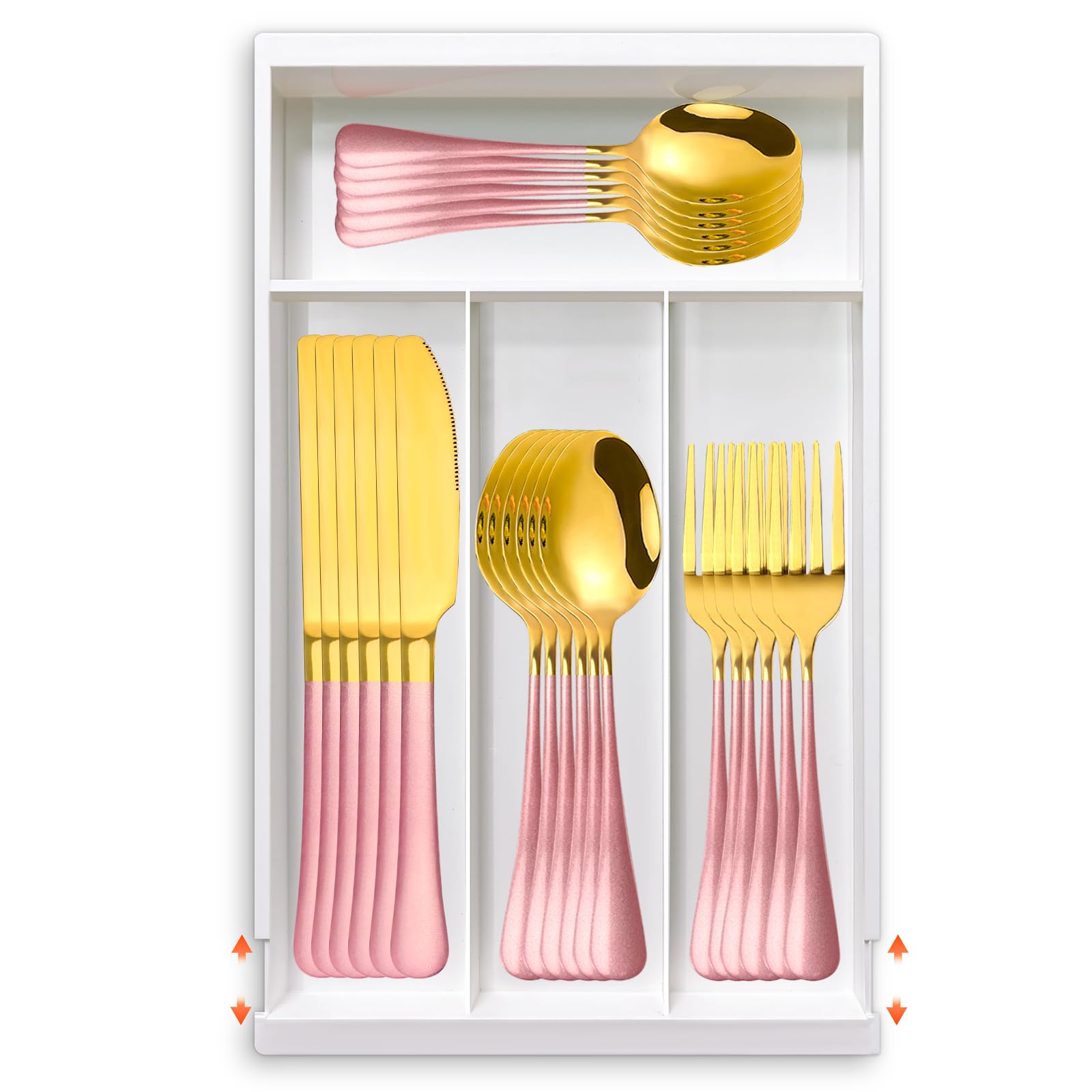 Photo 1 of 24 Pieces Silverware Set,Pink Cutlery Set with Pull-Out Organizer,Flatware Set with Spoons Forks Knives,Utensils Set Service for 6,Gold Mirror Polished and Matte Pink Painted (Pink Gold)