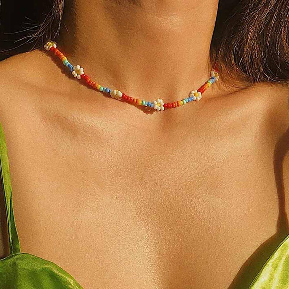 Carufin Bohemian Colorful Flower Beaded Choker Necklace Daisy Rainbow Beaded Necklaces Short Sunflower Necklaces Beach Jewelry for Women and Girls (Colorful) โ image 1