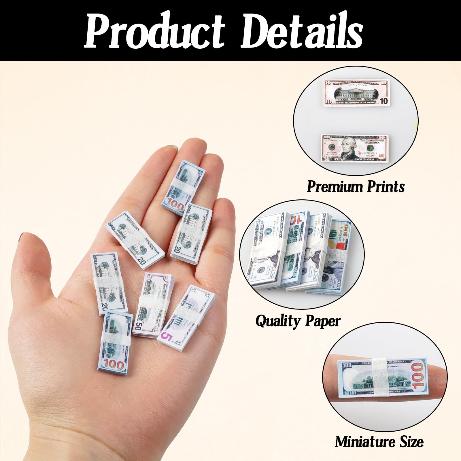 500 Pcs Miniature Scene Dollars 1:12 Mini Dollar Fake Bills 5 10 20 50 100 Dollar Bills Prop Money Realistic Mini Simulation Dollar Toy Banknote for Dollhouse Scene Model Craft Decoration Accessories