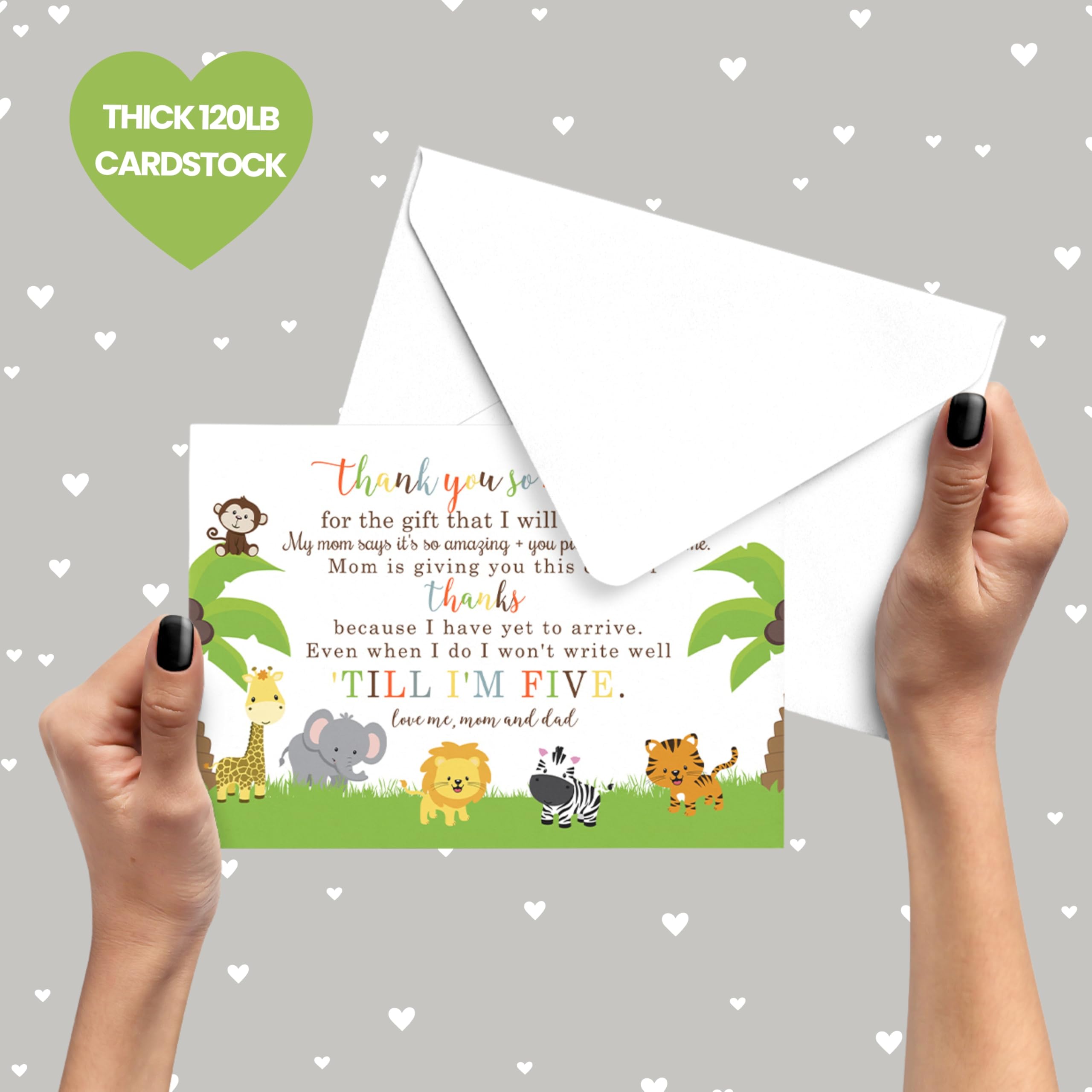 Cute Jungle Baby Shower Thank You Cards with Envelopes (25 Pack) Preprinted Message from Baby Boys or Girls with Customizable Space for Handwritten Note from New Parents, 4x6 Double-Sided Card