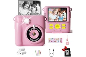GKTZ Instant Print Camera for Kids - 1080P HD Camera with Selfie, 32GB SD Card - Portable Travel Toy, Perfect Christmas & Birthday Gift for Girls Boys Ages 3-16, IPS HD Screen, 2000mAh Battery, Pink