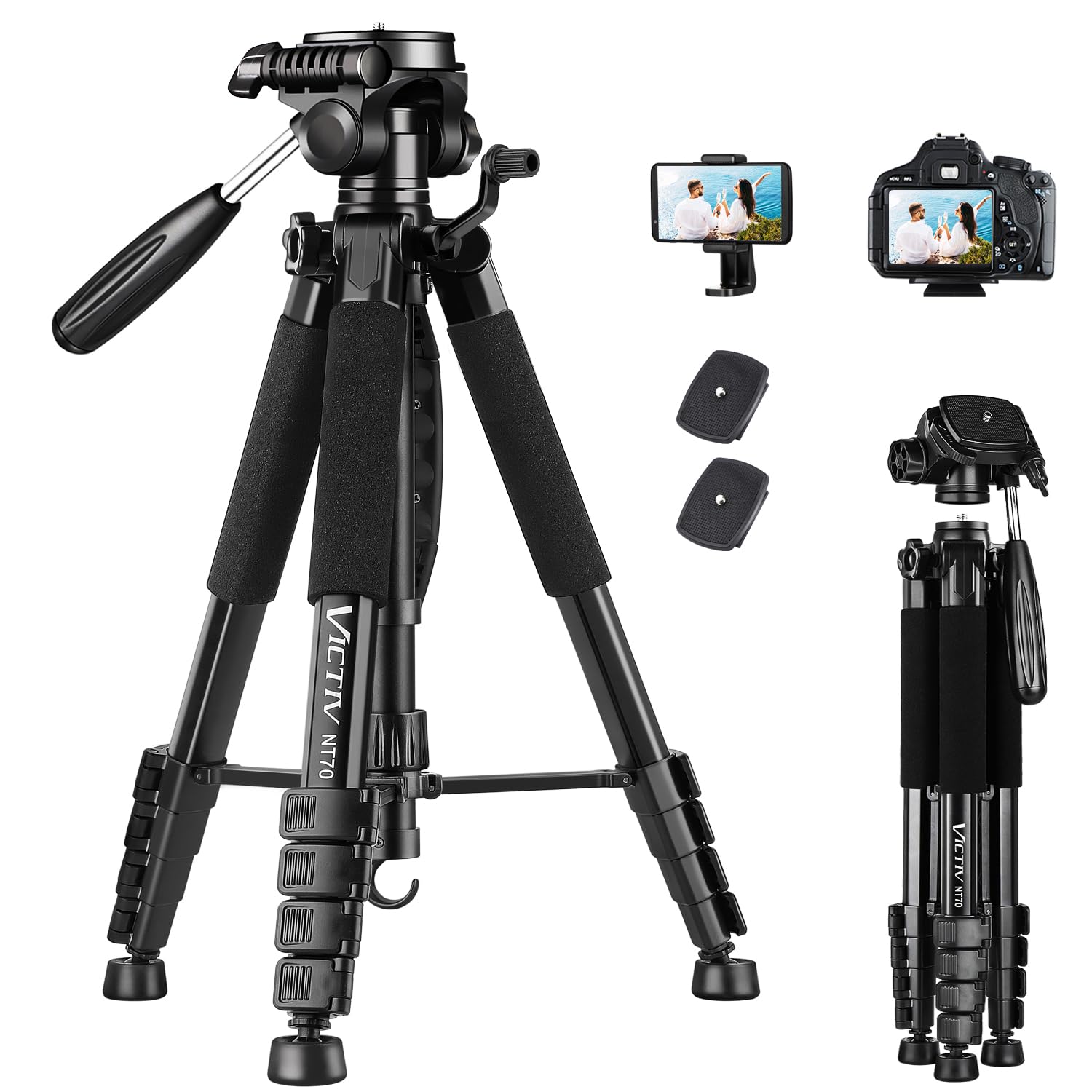 Photo 1 of VICTIV 74” Camera Tripod, Tripod for Camera and Phone, Aluminum Professional Tripod Stand for Canon Nikon with Carry Bag and Phone Holder, Compatible with DSLR, iPhone, Spotting Scopes, Max Load 9.5Lb