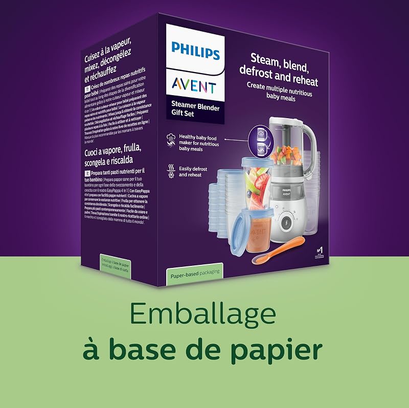 Philips Avent robot cuiseur-vapeur et mixeur Coffret cadeau - Robot cuiseur-mixeur 4 en 1 pour bébé, cuit à la vapeur, mixe, décongèle et réchauffe, avec pots de conservation, SCF883/20