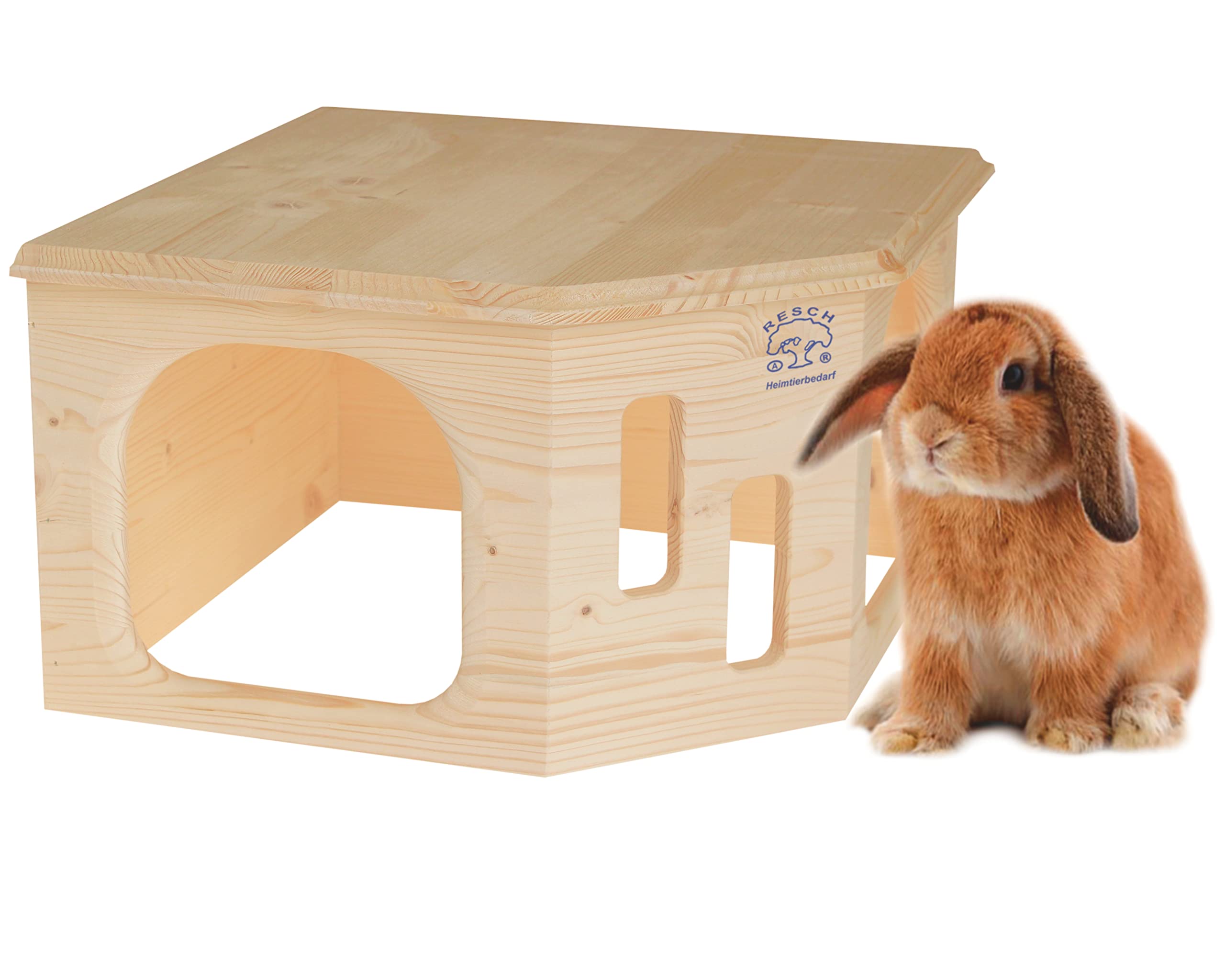 Resch No33 Rabbit Corner house big Natural solid wood made of spruce / with two large Entrances and an inviting lying area on the roof to relax