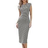 Allegra K Knit Bodycon Midi Dress for Women 2026 Casual Cap Sleeve Crew Neck Summer Striped Dresses
