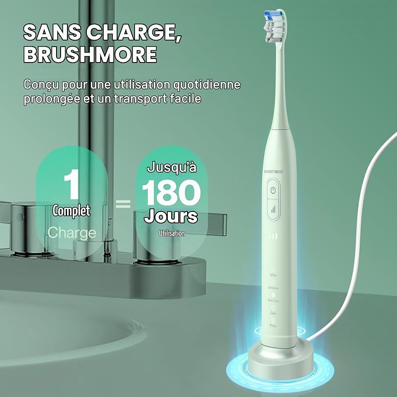 Brosse à dents sonique pour adultes, brosse à dents électrique rechargeable avec 5 modes de nettoyage, 3 niveaux d'intensité, capteur de pression intelligent (Vert)