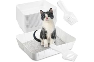 Bokon 50 Pcs 25 Set Disposable Litter Boxes for Cats with Scoop Plastic Cat Litter Tray Large Kitten Pan for Kitty Rabbit Guinea Pig Hamster Pets Supplies Travel Home Toilet, 15.7 x 11.8 x 3'' (White)