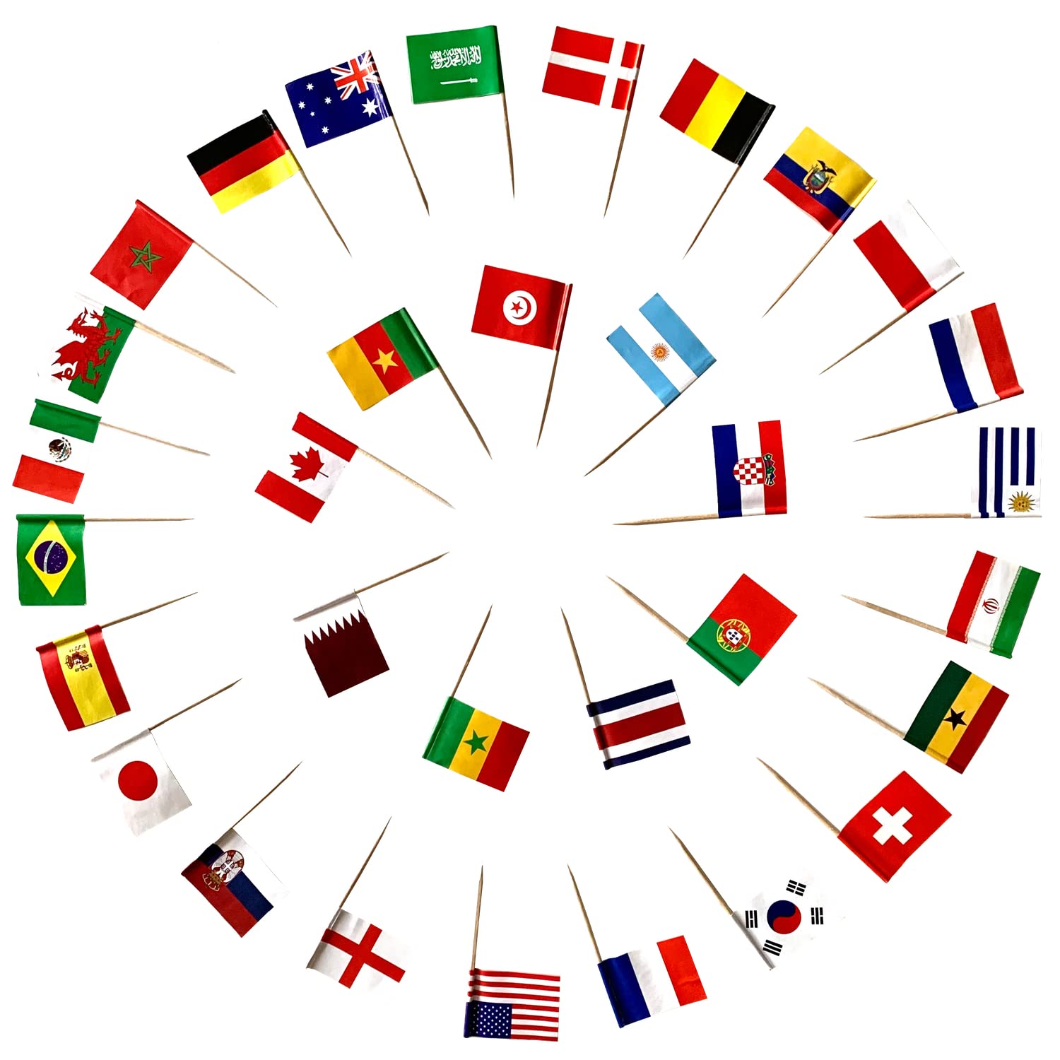 Kronly World Cup flag cocktail sticks, with all the flags from all 32 countries in the 2018 World Cup (pack of 128).