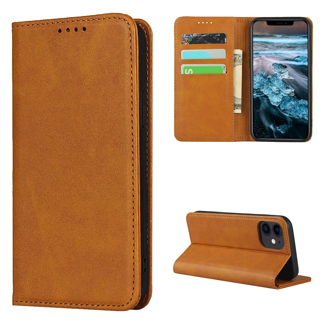 Copmob iPhone 12 Mini Case, Flip Wallet Leather Case [3 Slots] [Magnetic Closure] Flip Case Cover for iPhone 12 Mini – Light Brown