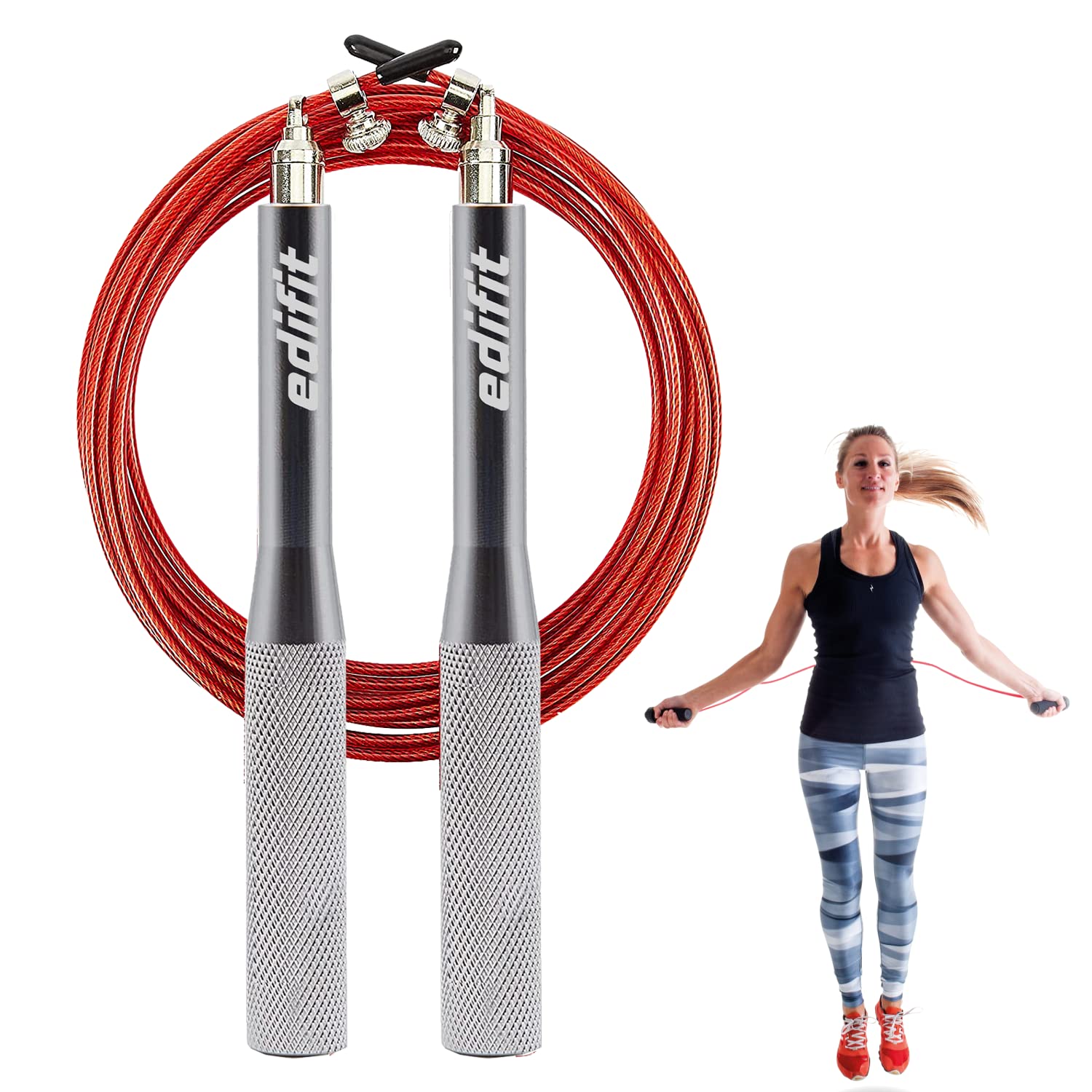 EDIFIT, Skipping Rope, 3 Metres, 165 mm Handle, Adjustable, for Men and Women, Gym Equipment, Home Exercise, Fitness, Boxing, Training (Red and Grey)
