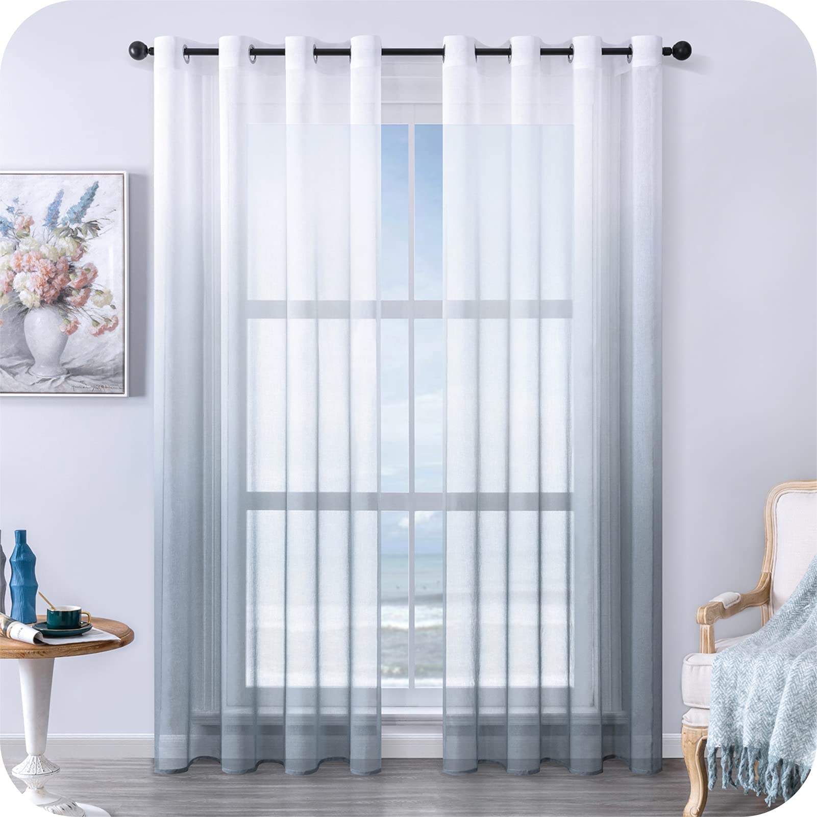 MRTREES Voile Curtains Colour Gradient Linen Look Transparent Curtain Short Tulle Curtain with Eyelets in Grey White Gradient 220 x 140 cm (H x W) Modern for Decoration Children's Room Living Room
