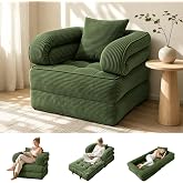 COTOSOF Folding Sofa Bed, Convertible Sleeper Chair with Armrests for Adults, Foldable Corduroy Boneless Bed, 3-in-1 Portable Futon Couch Floor Sofa with Pillow for Bedroom, Living Room, Dark Green