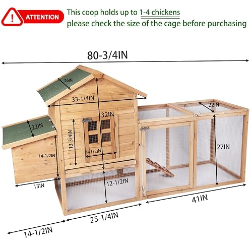 Large 80" Wooden Chicken Coop With Run - Outdoor Hen House With Nesting Box & Removable Tray (Brown)