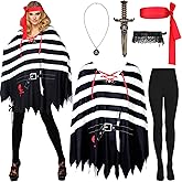 Haull Pirate Poncho Costume for Women - Classic Red Headband, Black Leggings, Lace Bow Garter, Pirate Dagger & Necklace for Party, Halloween Cosplay & Favors
