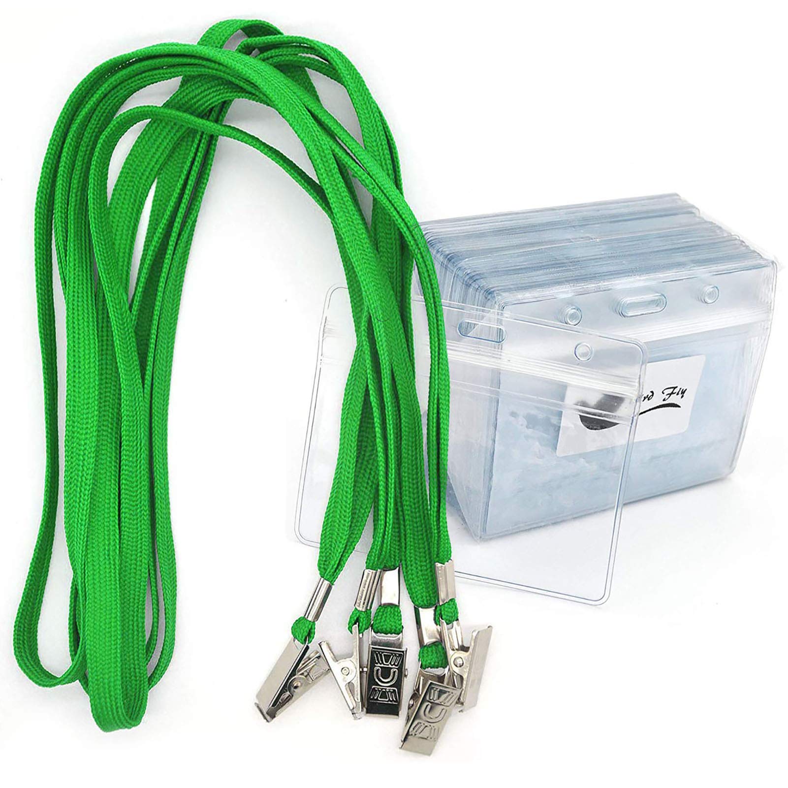Lanyards with Id Holder Name Badges 50 Pack Waterproof Type Clear Plastic Name Tag Badge Id Card and 50 Pack Green Lanyard