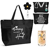 Locmeo 4 Pcs Nurse Tote Bags Rn 16oz Glasse with Bamboo Lids Makeup Bag Badge Reel Appreciation Gift for Nurse