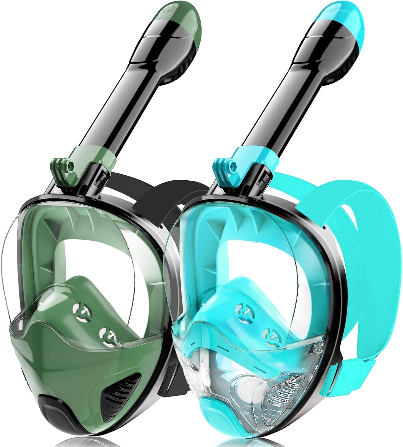 Full Face Snorkel Mask for Adults Teen, Snorkeling Gear with Detachable Camera Mount, Panoramic 180° View, Anti-Fog Anti-Leak Snorkling Set for Man and Women (Black Green+Black Dark Green-S/M) Image