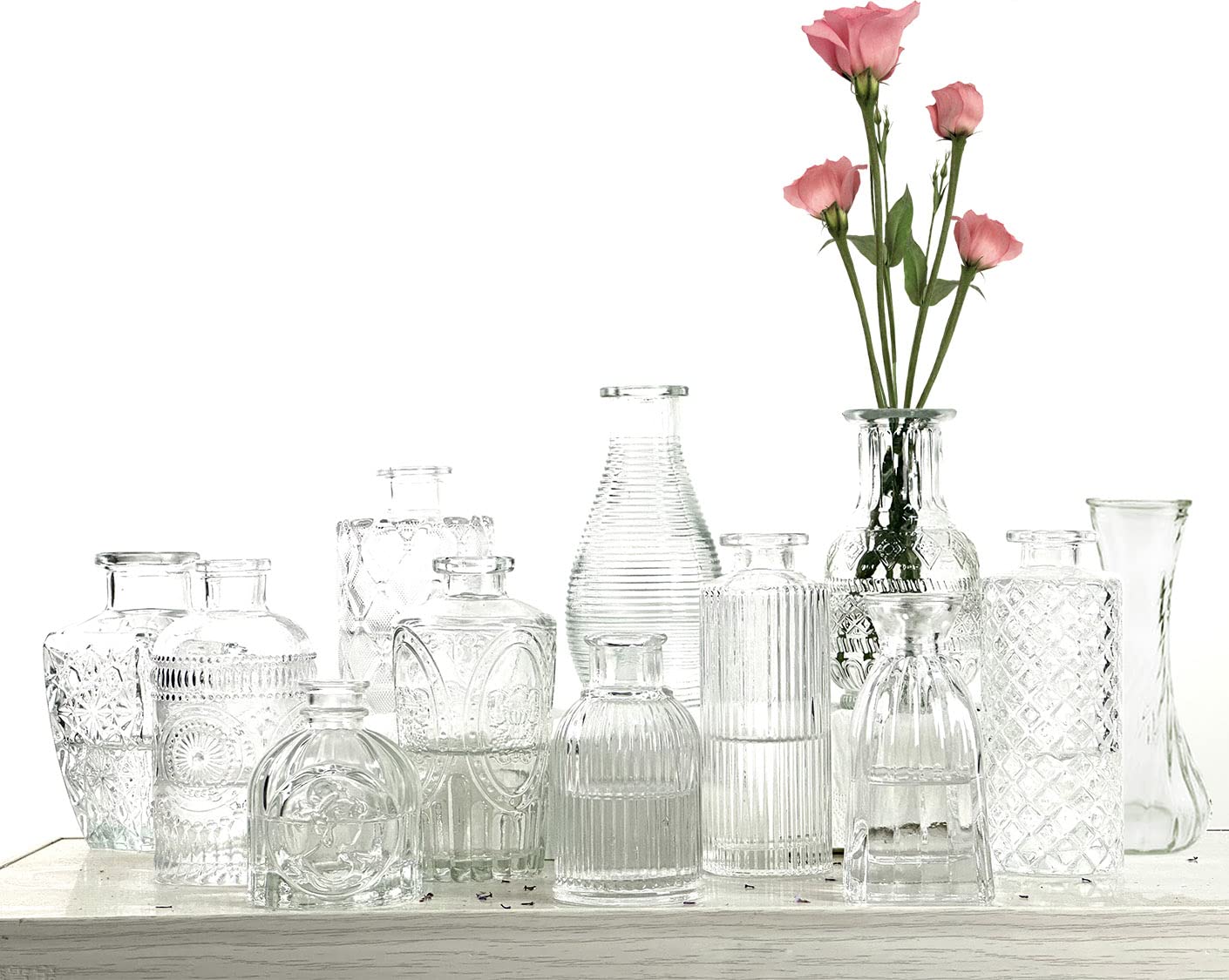 Glass Bud Vase Set 12, Small Flower Vases for Wedding Centerpiece Table Decorations Clear Vintage Embossed Mini Flower Arrangements in for Party or Home Room Decor