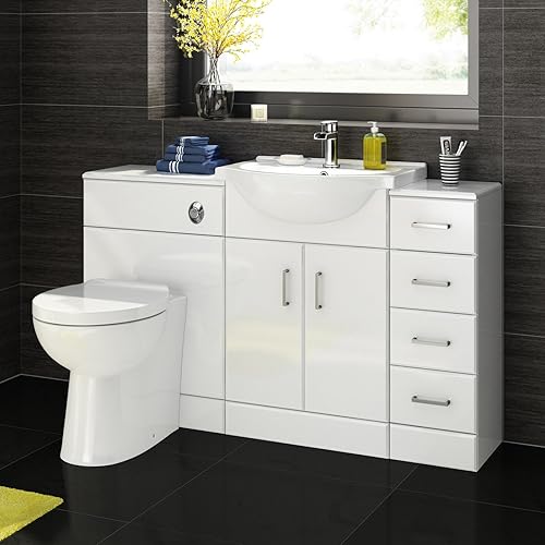Premium Gloss White Vanity Basin Unit + Back to Wall Toilet Storage