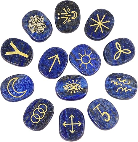 Amazon Com Mookaitedecor Lapis Lazuli Witches Runes Set Of 13 Healing Crystal Stone With Engraved Gypsy Symbol For Meditation Divination Home Kitchen