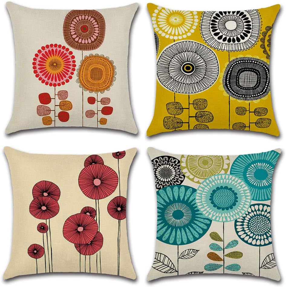HuifengS Linen Throw Cushion Pillow Covers Square Pillowcase Abstract flower Decorative for Sofas Beds Chairs Cushion Cover Set of 4, 18 x 18 Inch