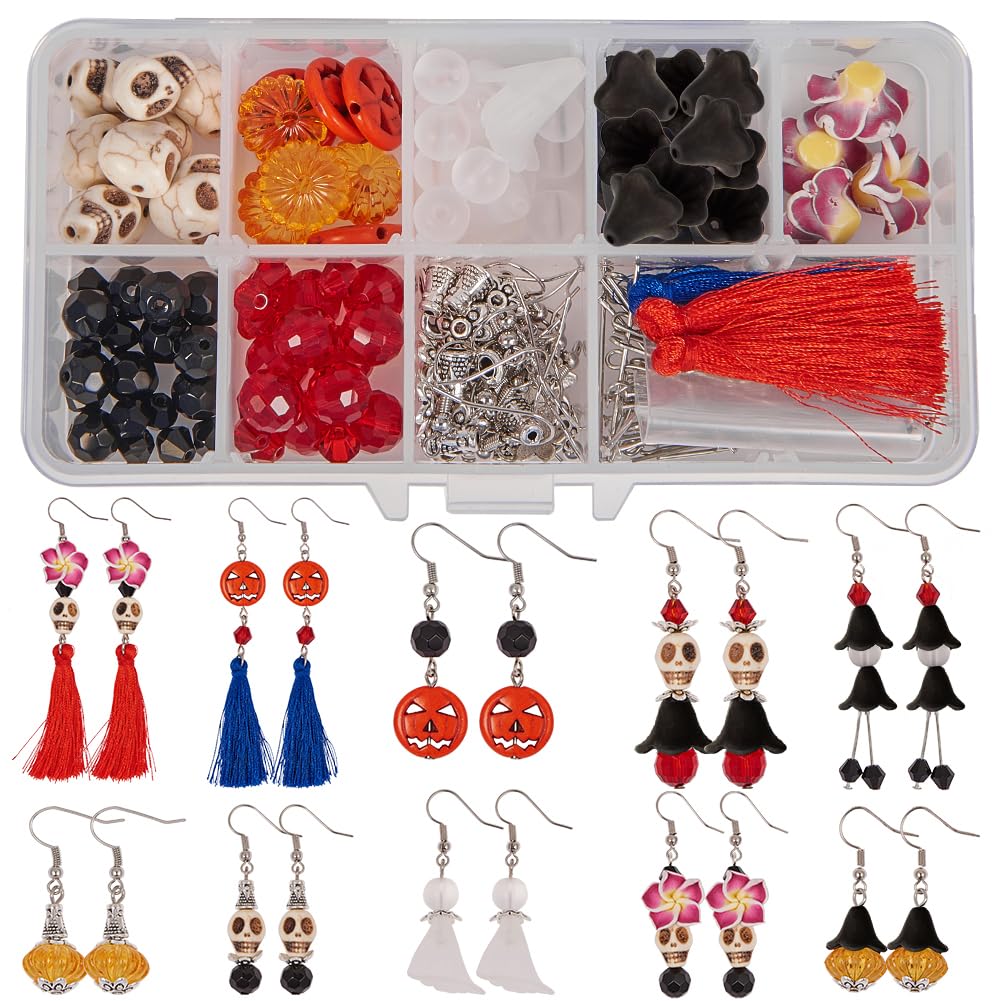 SUNNYCLUE 1 Box DIY Make 10 Pairs Halloween Theme Dangle Earring Jewelry Making Starter Kits Skull Pumpkin Ghost Witch Beaded Tassel Earring Making Supplies, Instruction