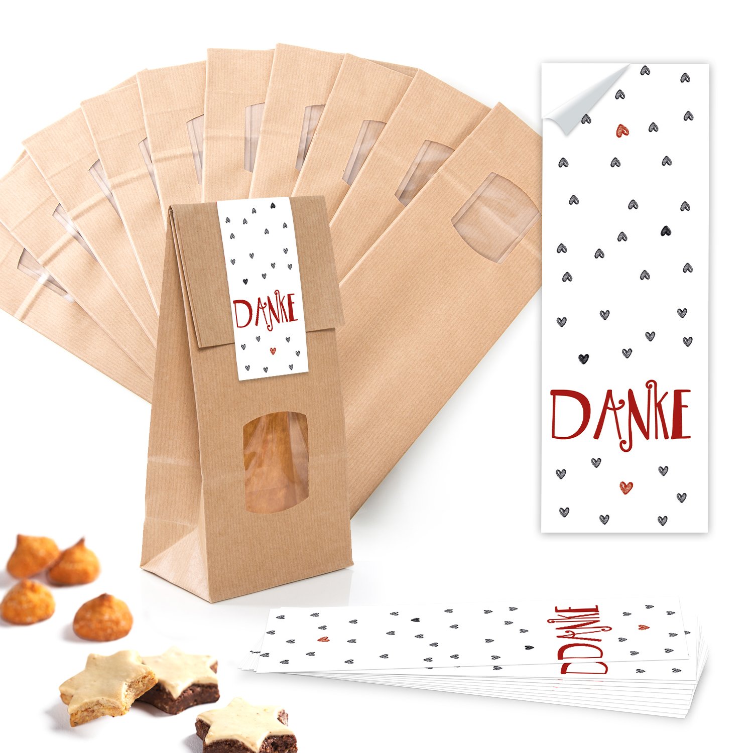 Logbuch-Verlag 25 Paper Bags 10.5 x 6.5 x 29 cm with Window Christmas Cookie Bags Thank You Gift for Filling Inside Lined