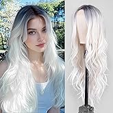 T-color Long White Wavy Wig for Women 26 Inch Middle Part Curly Wavy Wig Natural Looking Synthetic Heat Resistant Fiber Wig for Daily Wear, Party, Cosplay