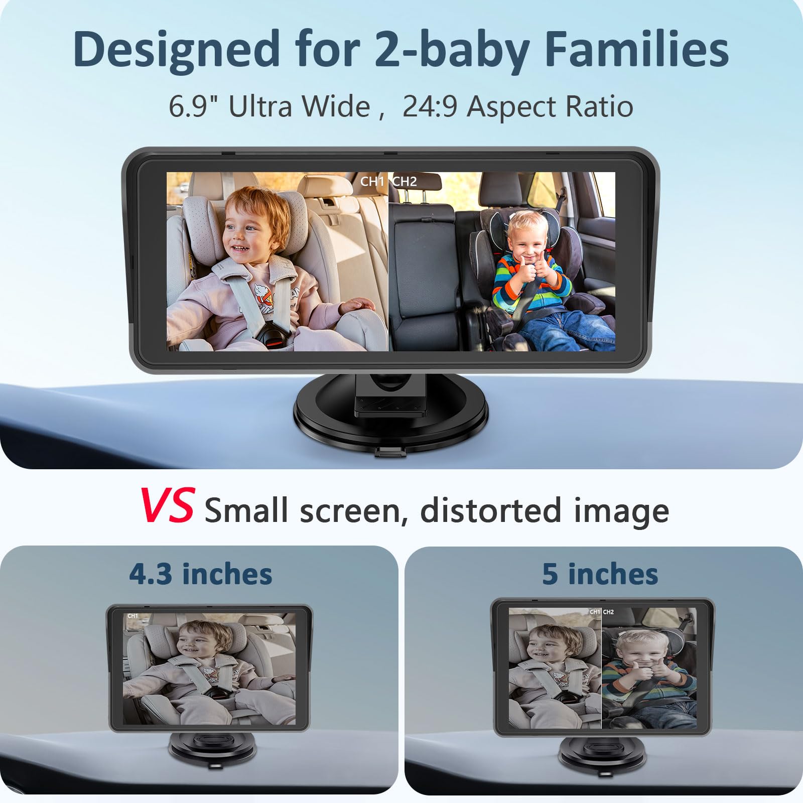 Yakry 2-Kids Baby Car Camera for Seat: 6.9 Inch Ultrawide Display with Two Cameras Rear Facing - USB Powered Backseat Camera HD 1080P Easy to Install
