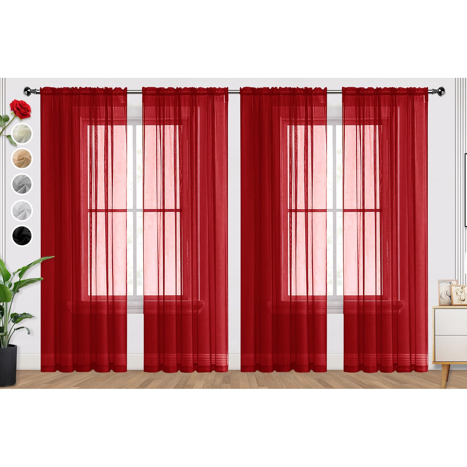 SpaceDresser Christmas Red Sheer Curtains 4 Panels Rod Pocket Semi-Sheer Curtain 90 Inches Long Light Filtering Voile Window Drapes for Bedroom Living Room Kitchen, Each 52W x 90L Image SpaceDresser Christmas Red Sheer Curtains 4 Panels Rod Pocket Semi-Sheer Curtain 90 Inches Long Light Filtering Voile Window Drapes for Bedroom Living Room Kitchen, Each 52W x 90L Image