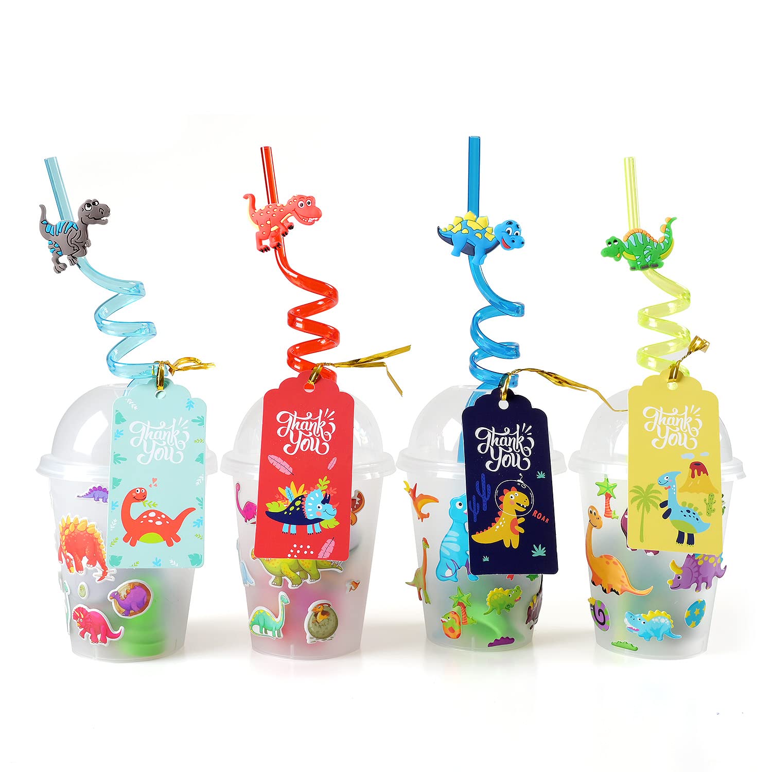 MOVINPE Dinosaur Party Favors Personalize Goody Cups with Gift Tags, Filled with Dinosaur Themed Reusable Straws Stampers Luminous Dinos Figure Slap Bracelets Keychains Rings 3D Stickers for Kids