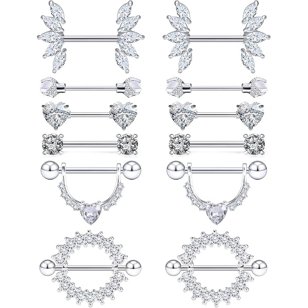 Pair Of 14G Surgical Steel Nipple Rings With CZ Shields – Barbell Body Piercing Jewelry