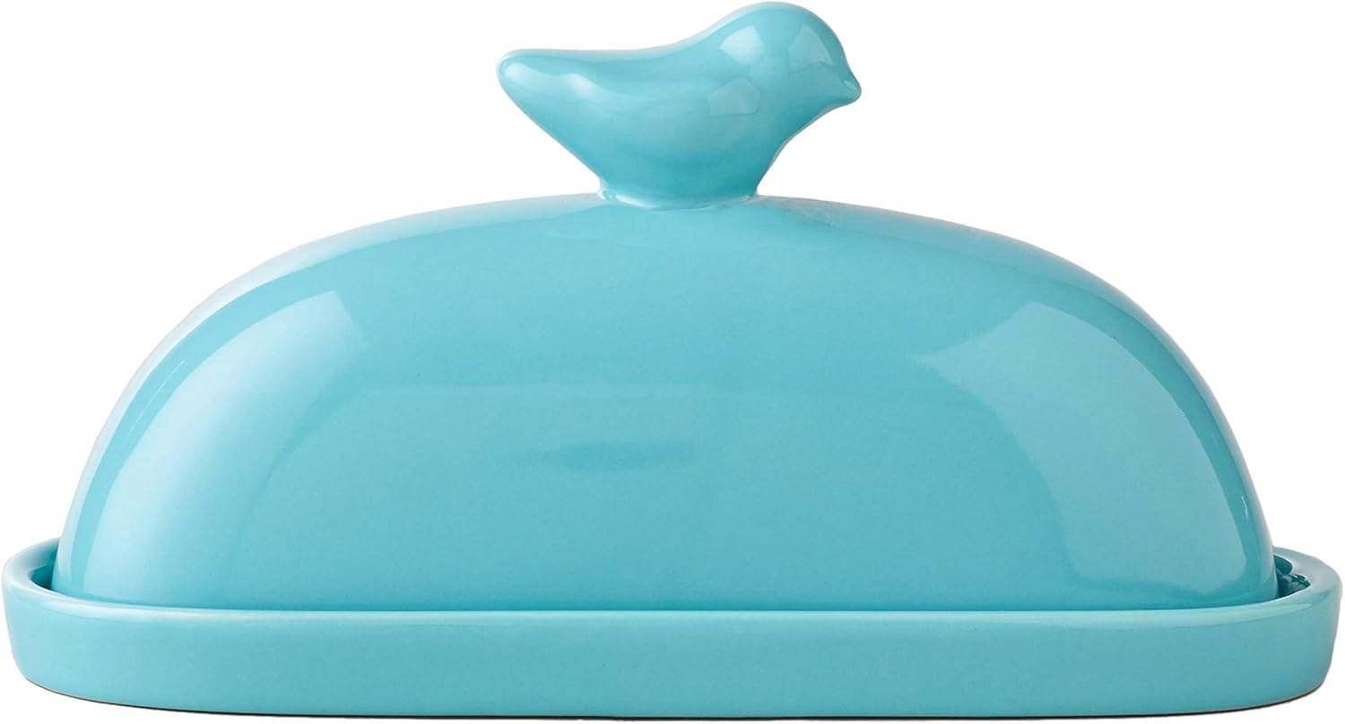 MyGift Turquoise Blue Bird Decorative Ceramic Butter Dish and Lid Cover