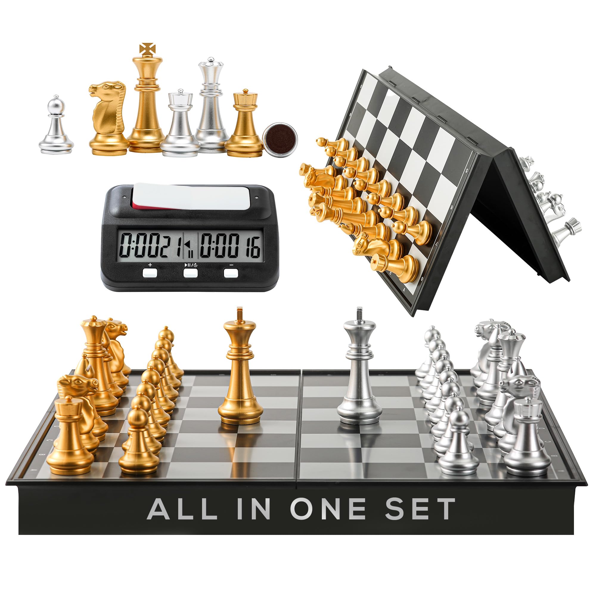 Photo 1 of Magnetic Chess Game & Digital Clock Timer Set - Professional and Portable, 14" x 14" Travel Chess, Board Games