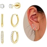 Earring Stacks Gold Hoop Earrings Set, Dainty 14K Gold Small Huggie Hoop Earrings for Women Trendy Hypoallergenic Cartilage Flat Back Stud Earrings Set for Multiple Piercing