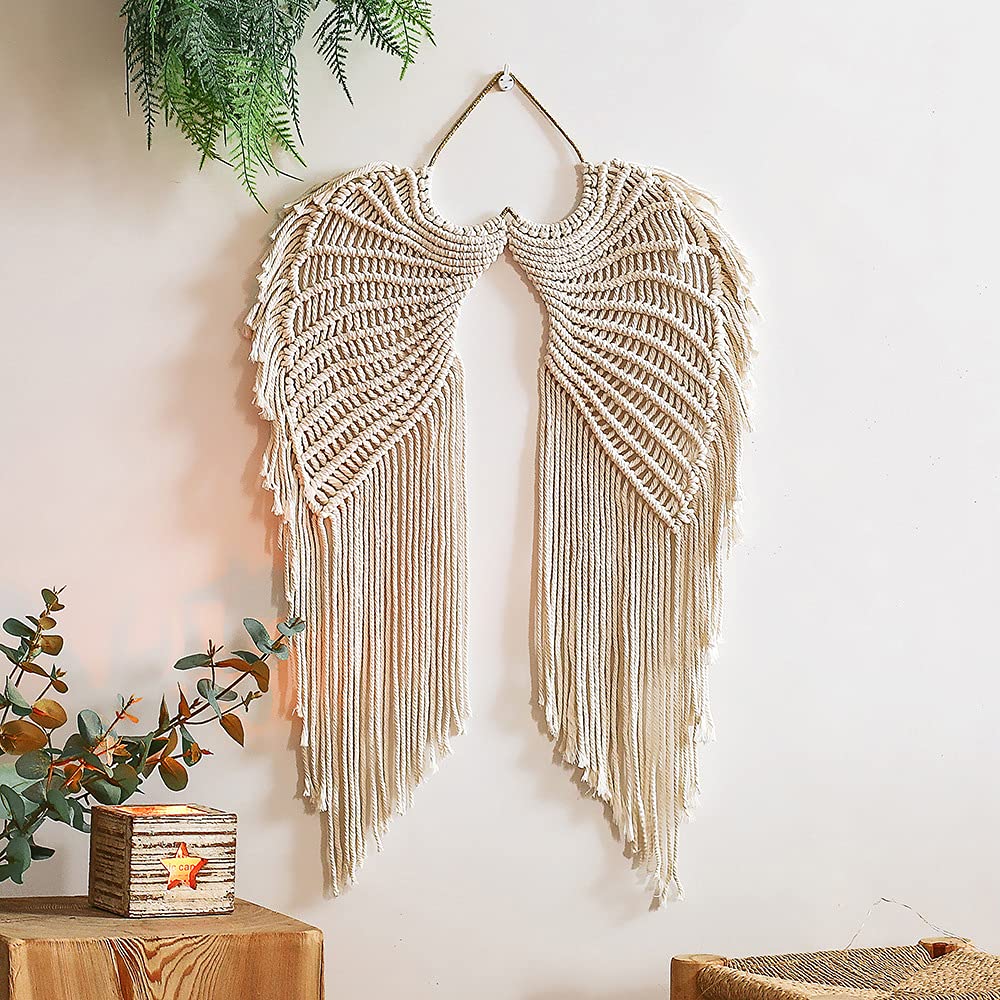Hosoncovy Large Angel Wings Woven Wall Hanging Tapestry - Cotton Rope Wall Ornaments - Bohemian Creative Decoration With Tassels and Macrame