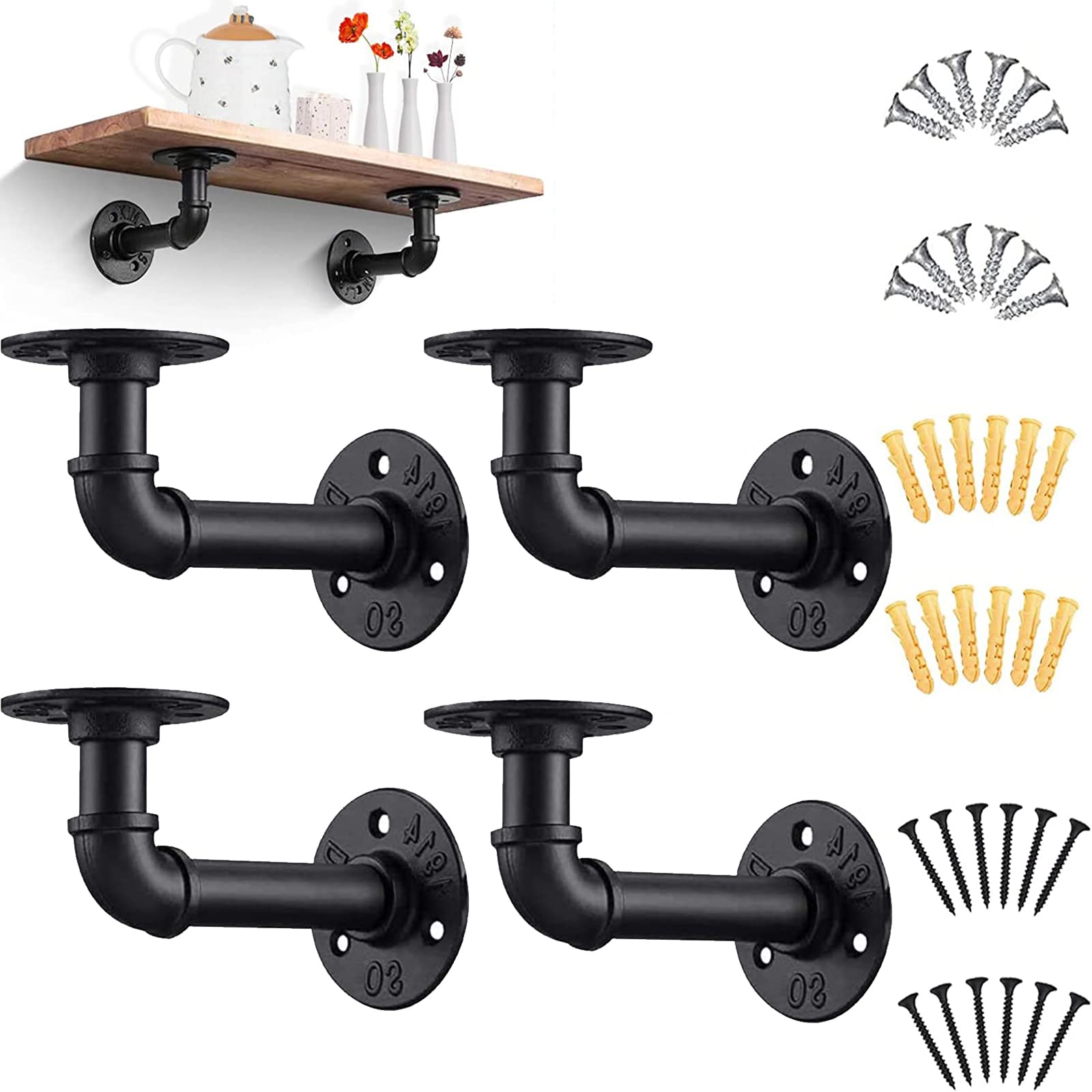 4 PCS Pipe Shelf Bracket，Industrial Floating Shelf Bracket Heavy Duty Plumbing Pipe Shelf for Scaffold Board Wall Mounted, Black