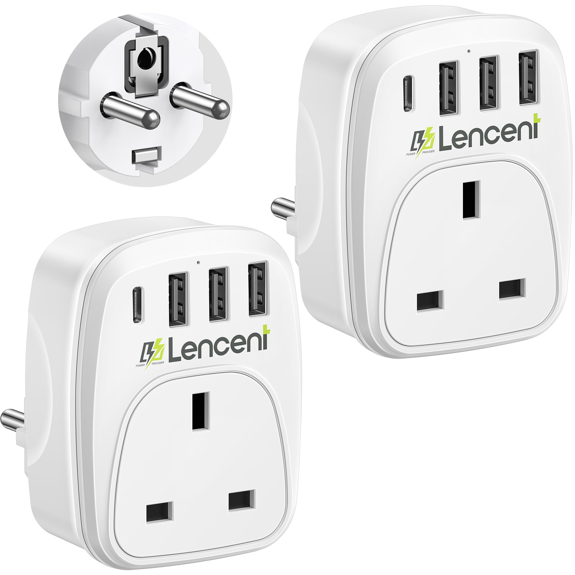 LENCENT 2 Packs UK to EU Euro Europe Plug Adapter, Grounded European Travel Adapter with 3 USB Ports and 1 Type C Port for Germany Spain France Portugal Greece Russia Netherlands and more (Type E/F)