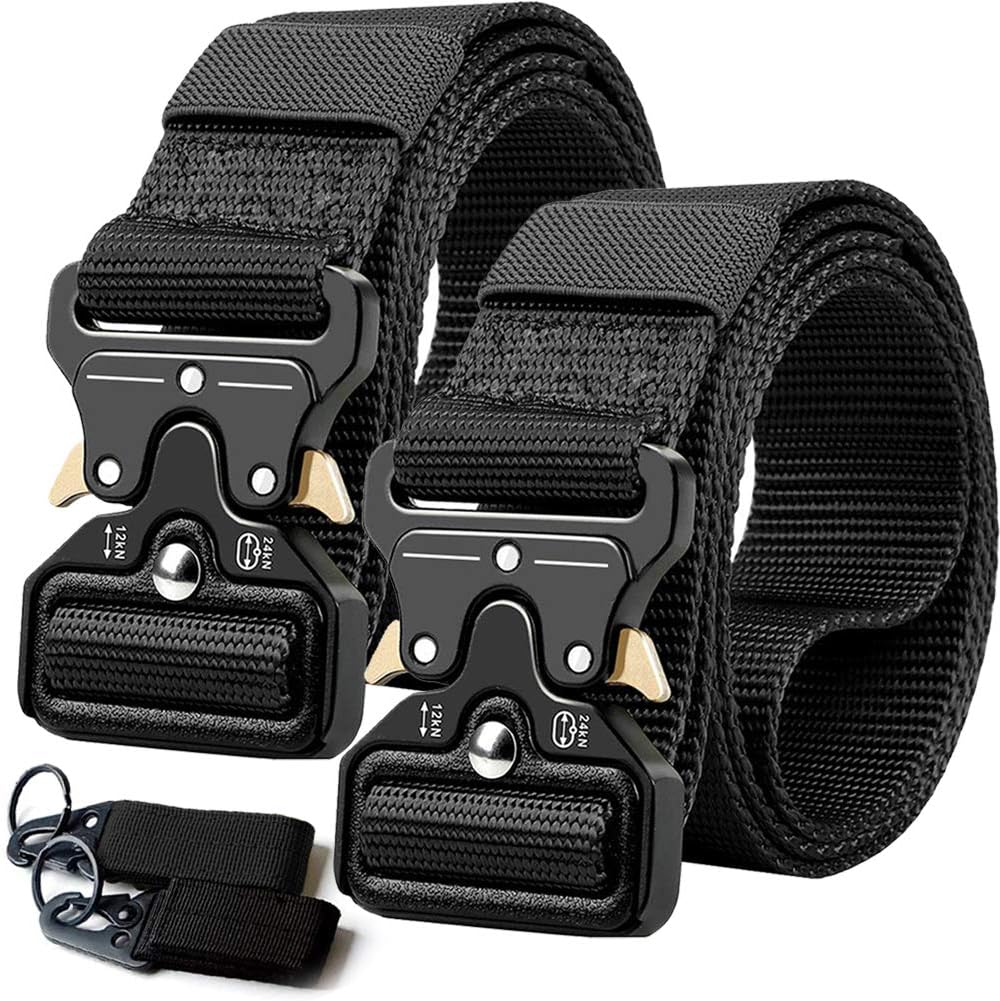 2PCS Tactical Belt,Military Style Webbing Riggers Web Gun Belt with Heavy-Duty Quick-Release Metal Buckle With 2 Keychains