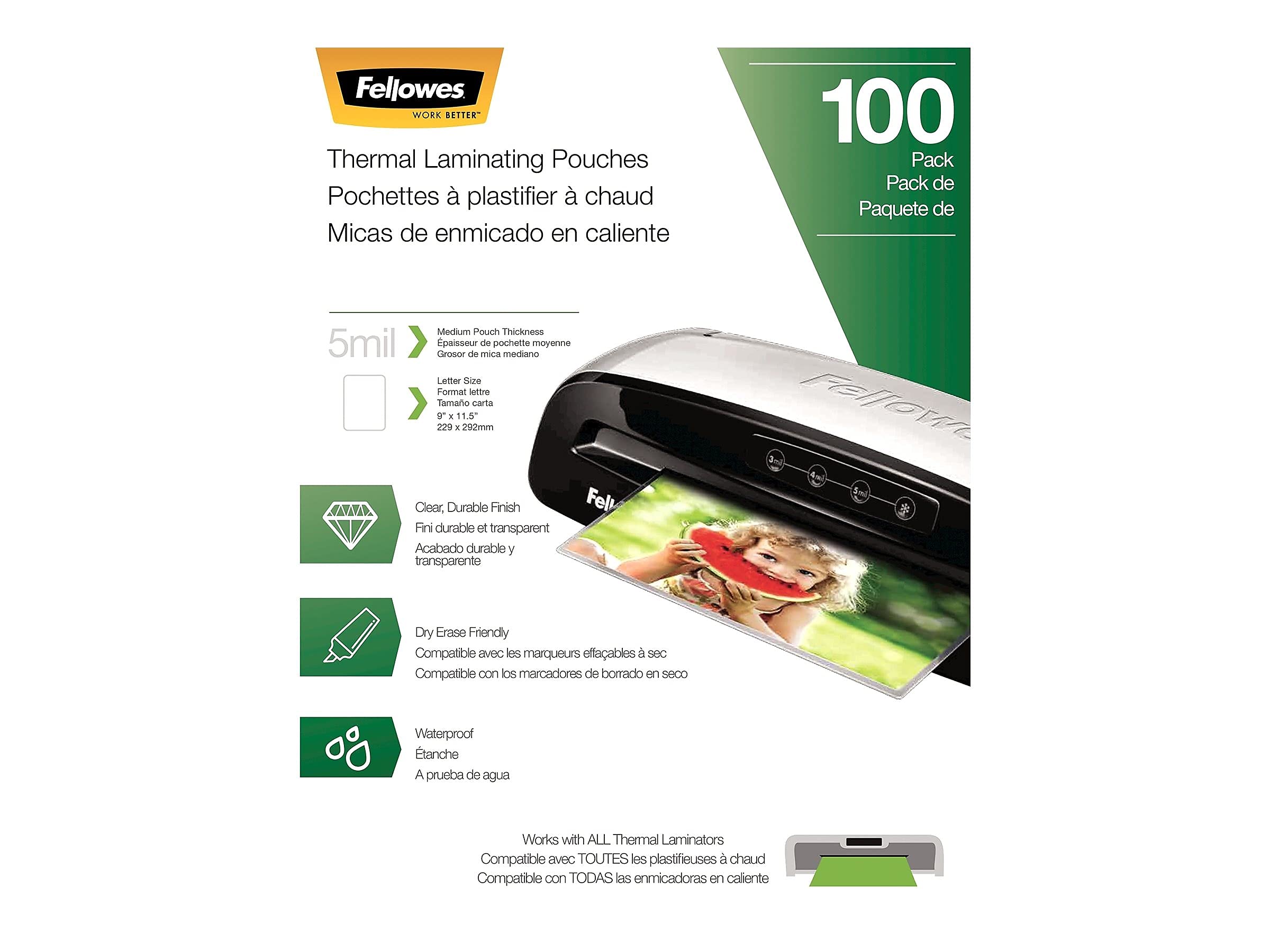 Fellowes Thermal Laminating Pouches, 5mil Letter Size Sheets, 9 x 11.5, 100 Pack, Clear (5743501)