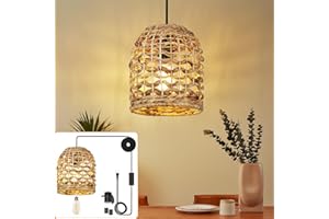 Cinkeda Plug in Pendant Light, Rattan Hanging Lights with ON/Off Switch 15ft Black Cotton Cord, Boho Wicker Hanging Lamp for Bedroom,Living Room (Bulb & 2 Swag Hooks Included)