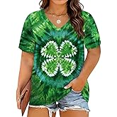 For G and PL Womens St. Patricks Day V Neck T Shirt Irish Clover Print Stripe Short Sleeve Plus Size Tops XL-4XL