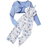 Asbabiy Girls 2 Piece Outfits Long Sleeve crop top and Blue Rose Print Wide Leg Pants Jumpsuit Set 7-13 Years