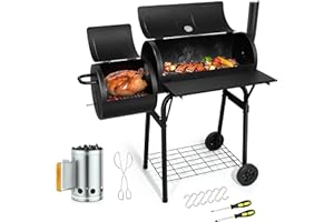 Barrel Charcoal Grill with offset Smoker(420.SQ.IN), Joyfair Large Outdoor BBQ Grills with Chimney Starter Set For Grilling, Smoking, Roasting, with Thermometer & Front Table, 6 S-Hooks & Clamp