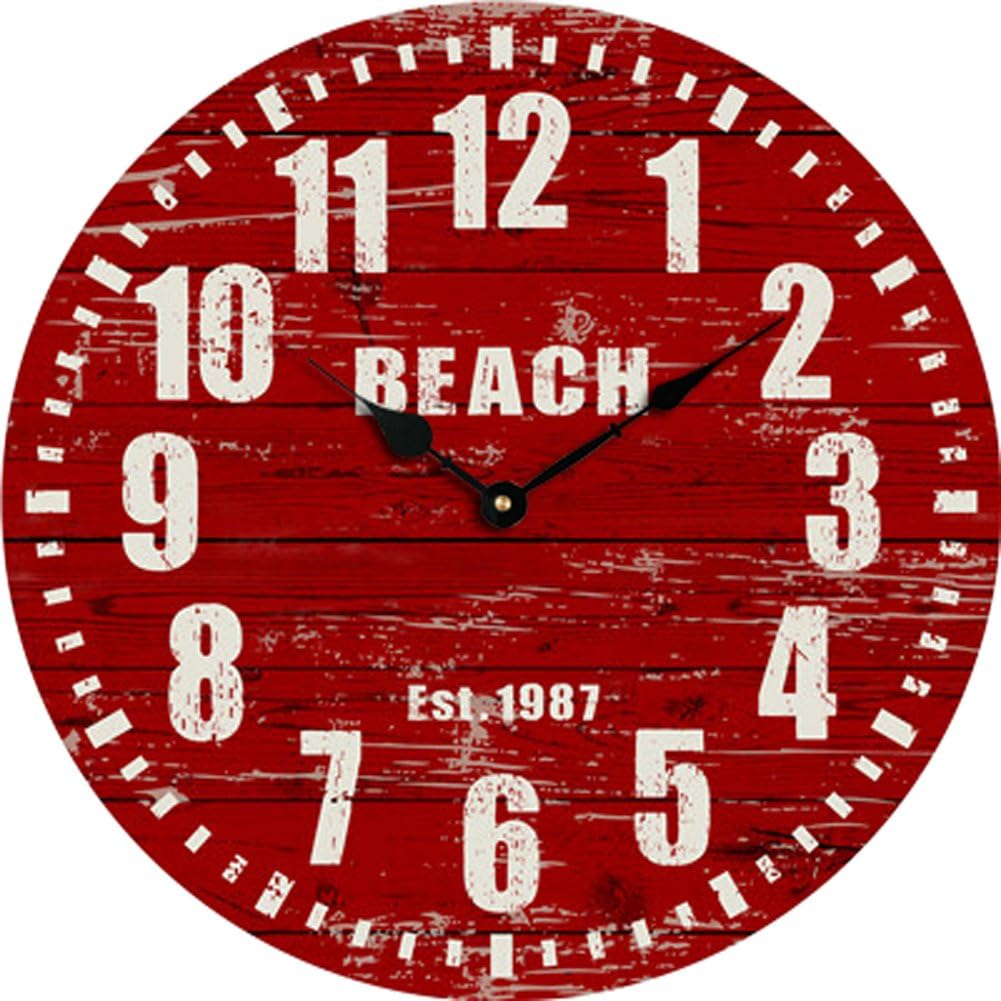 Yung Jo 10" Modern Style White Arabic Numerals Design Wooden Round Decorative Wall Clock,Red Color (Red Reach)