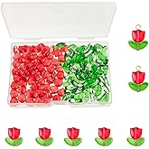 100 Sets (200pcs) Red Tulip Flower Beads Crystal Glass Beads Loose Bead for Women Jewelry Making DIY Bracelet Necklace Earrings Craft (Red)