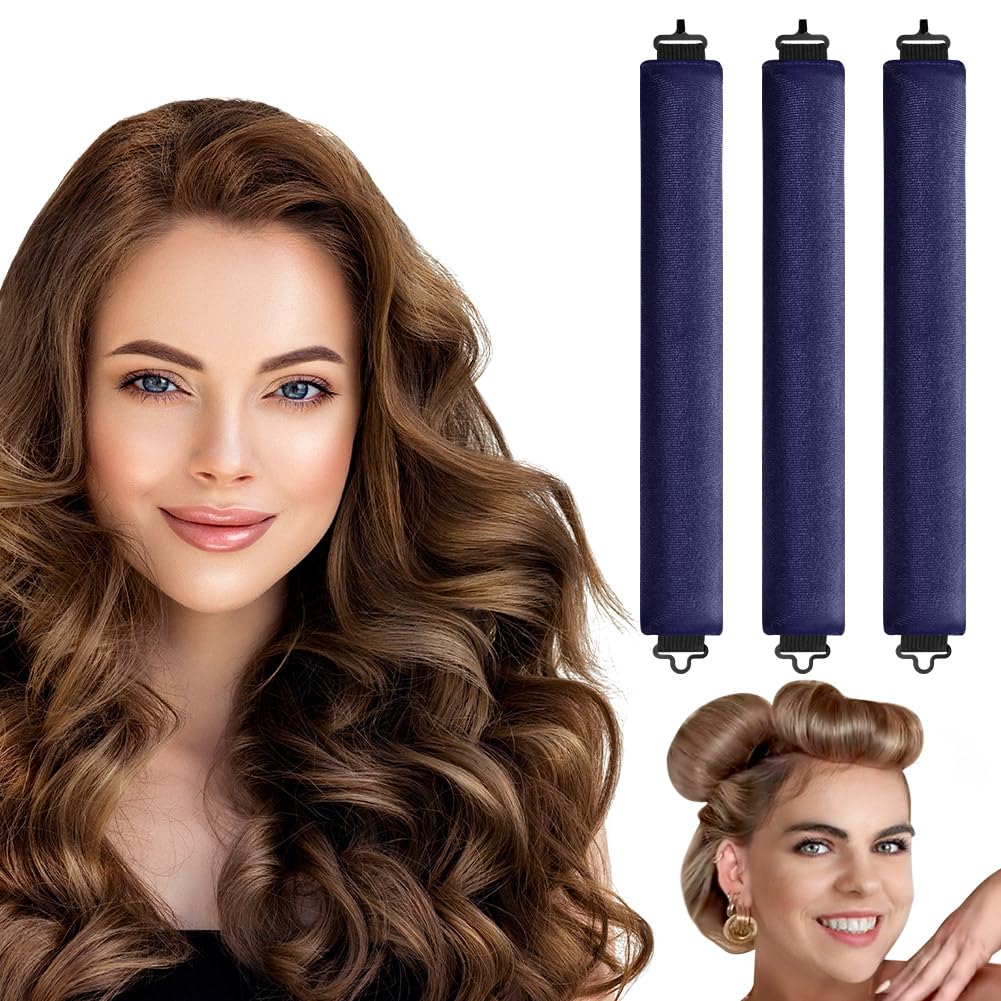 LOPHE 3 Pcs Heatless Hair Curler, Heatless Curls Blowout Rods Headband for All Hair Types, Soft Hair Roller Rods with Hook, Overnight Heatless Hair Curlers, Women Long Hair Styling Tools, Dark Blue