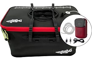 FISHERNOMICS Collapsible Fishing Bucket with Air Pump - Live Bait Bucket with Aerator (6 Gallon/10 Gallon) - Leak Proof with Side Pocket & Shoulder Strap | Durable & Sturdy (Black/Red R23 Pump, Large)